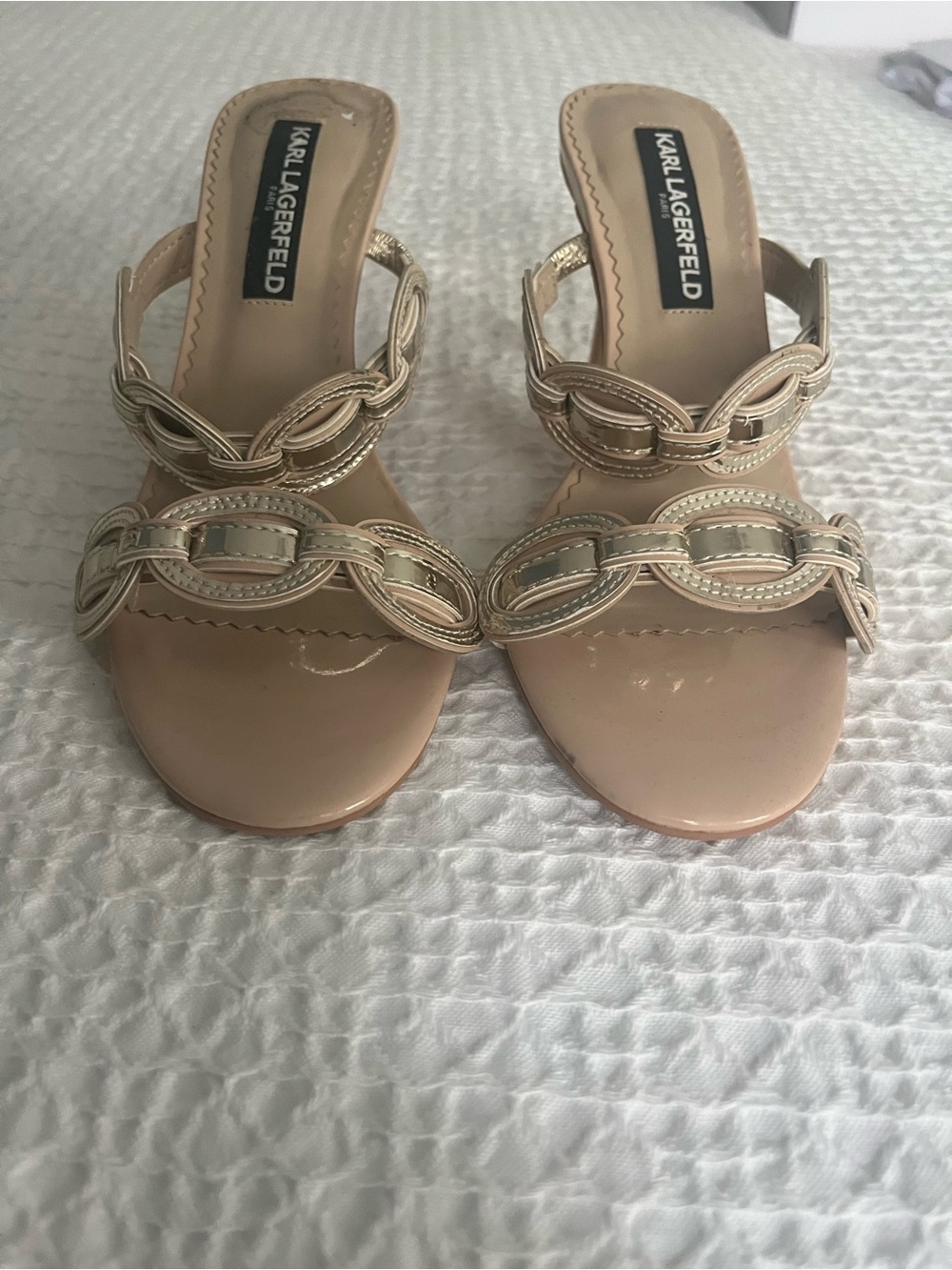 Karl Lagerfeld Nude Patent Slide Mules with Gold Chain Links